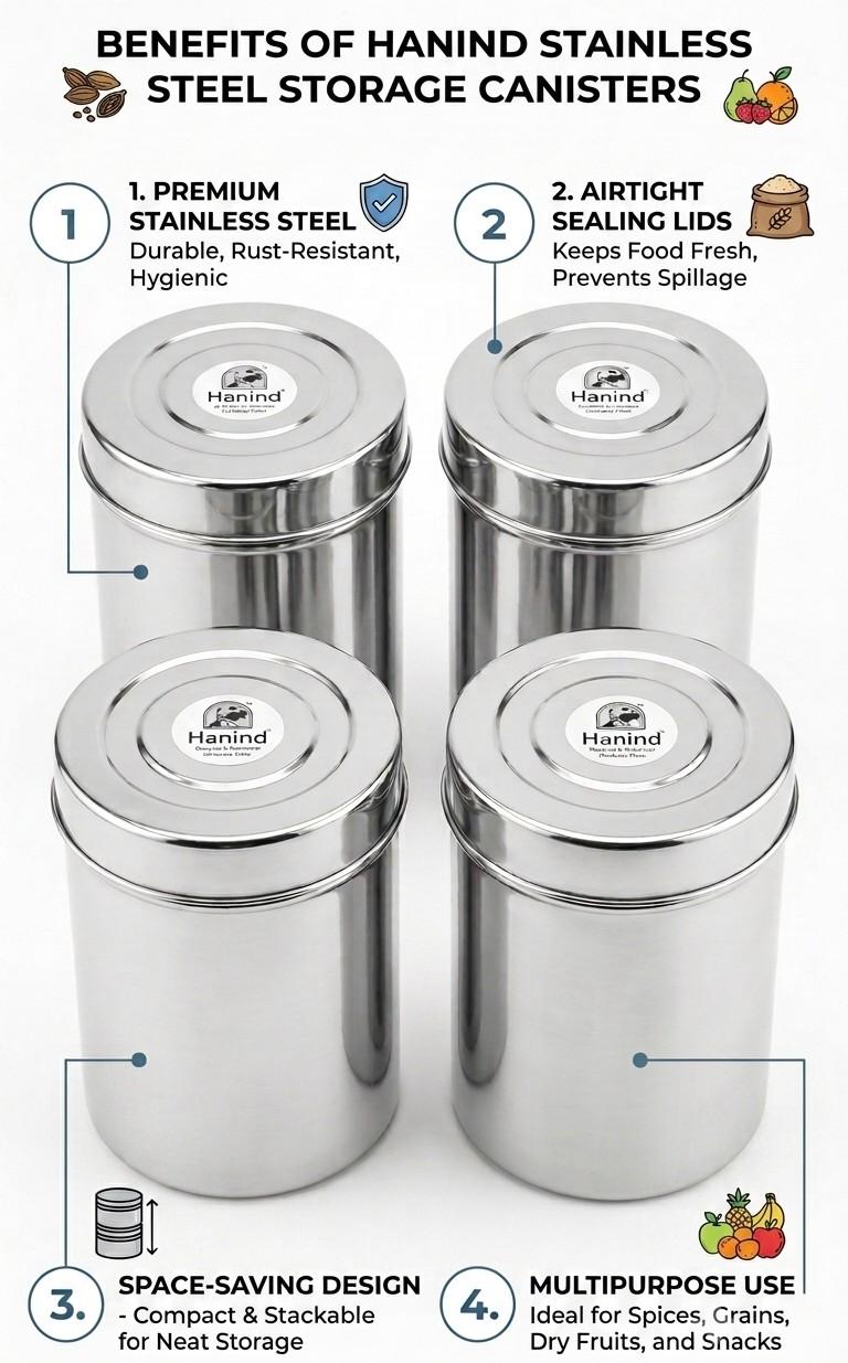 Hanind Stainless Steel, Steel Utility Container  - 1 kg (Pack of 4, Silver)