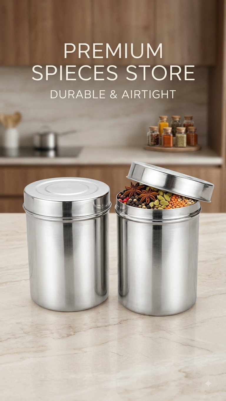 Hanind Stainless Steel, Steel Utility Container - 1 kg Airtight Canister Set — 2 pc