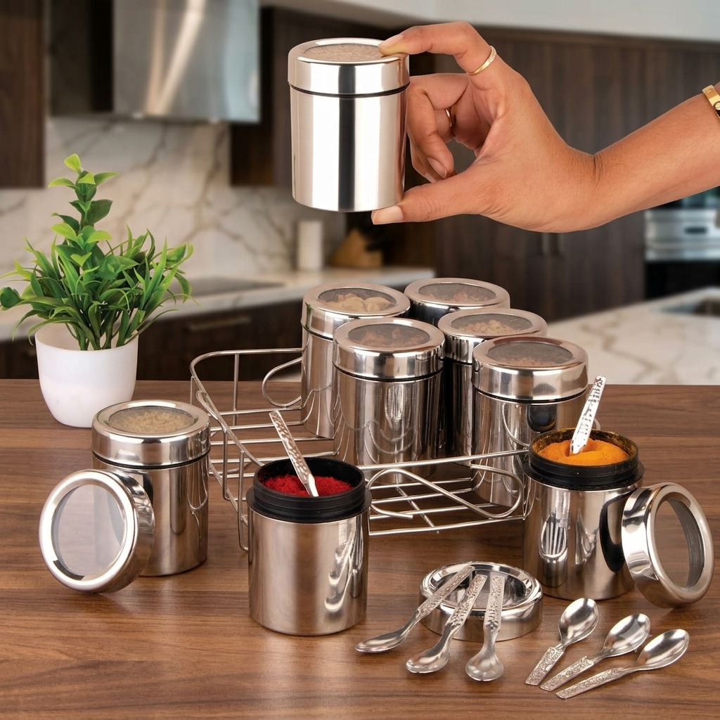 9 IN 1 Square Masala Box for Kitchen Steel - 130ml Each Containers Comes with Push & See Through Lid, Airtight Jars As Multipupose Storage for Spices, Herbs, Mouth Freshner, Dry Fruits & More