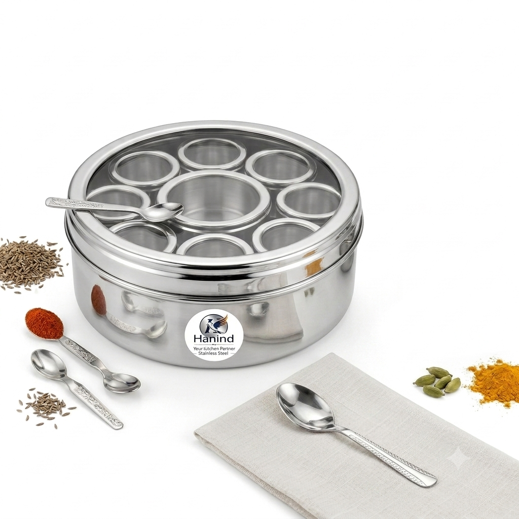 Stainless Steel Masala Box 12-in-1 | 2.5L X-Large Spice Box with 9 Inner Containers & See-Through Airtight Lid | Masala Dabba with 4 Spoons | Food Safe, Durable Steel (22.5cm, Silver)