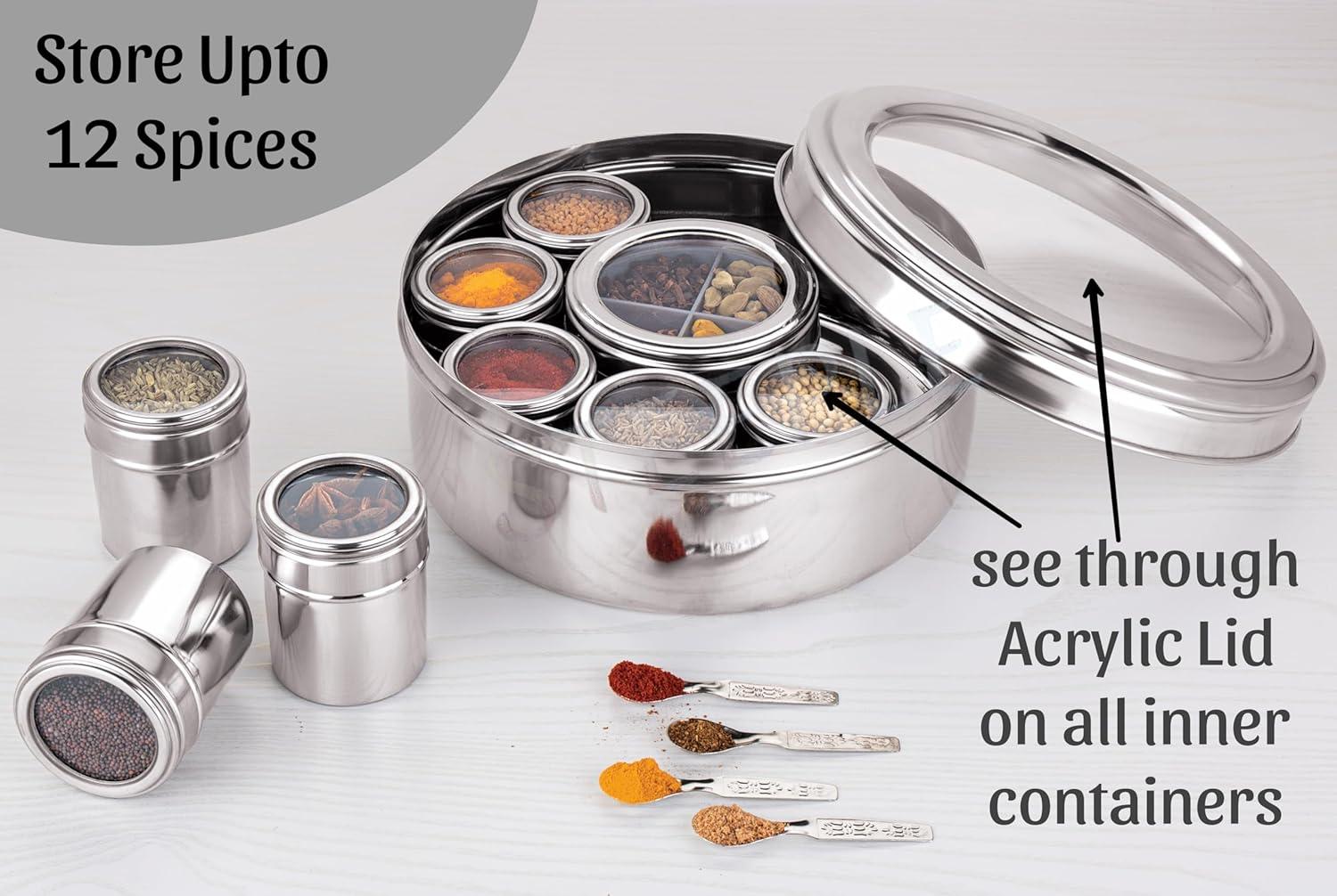 Stainless Steel Masala Box 12-in-1 | 2.5L X-Large Spice Box with 9 Inner Containers & See-Through Airtight Lid | Masala Dabba with 4 Spoons | Food Safe, Durable Steel (22.5cm, Silver)